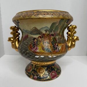 Vintage Japanese Satsuma Moriage Urn Vase Geisha Boat Scene Gold Gilt 7in